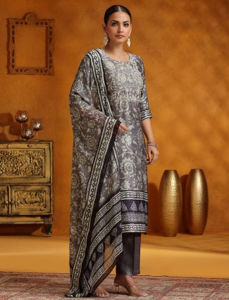 Dark grey printed silk kurti set for Festival