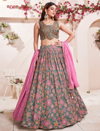 Dark Grey printed silk lehenga choli for festival