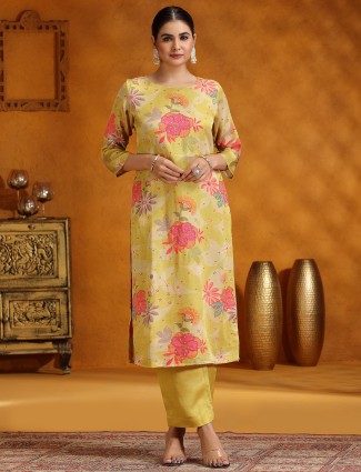 Mehendi yellow printed silk kurti set for Women