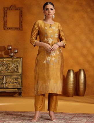 Mustard yellow printed silk kurti set for Festival