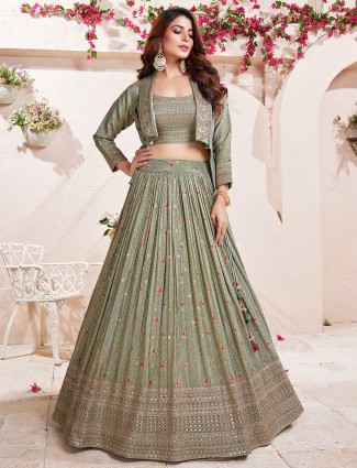 Olive printed silk lehenga choli with jacket for Women