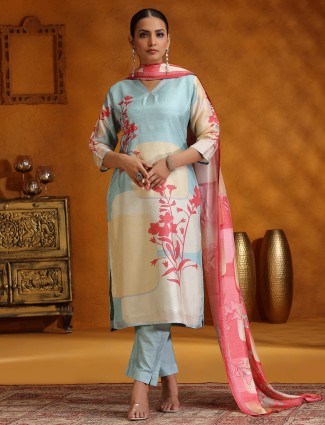 Sky blue printed silk kurti set for Women