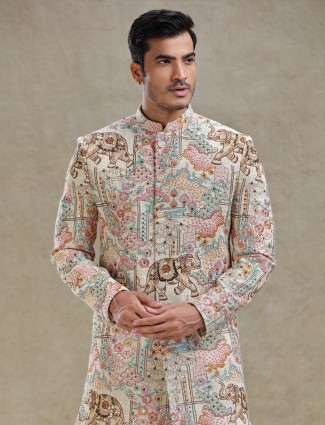 Beige long jacket style indo-western in colourful embroidery for men