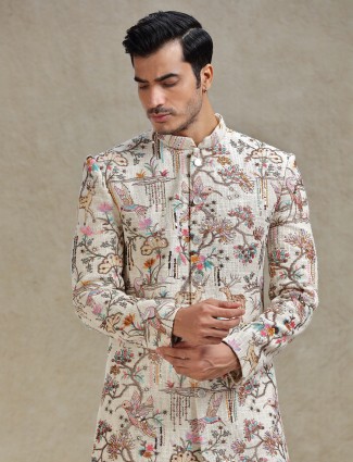 Beige long jacket style fabricated indo western set