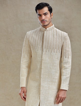 Beige long jacket style textured indo western set for men