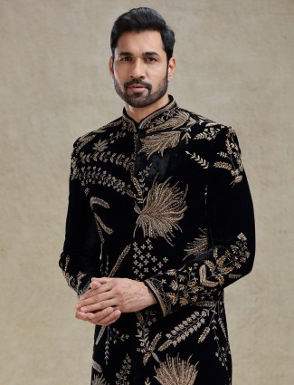 Black golden velvet zardosi worked long sherwani for men