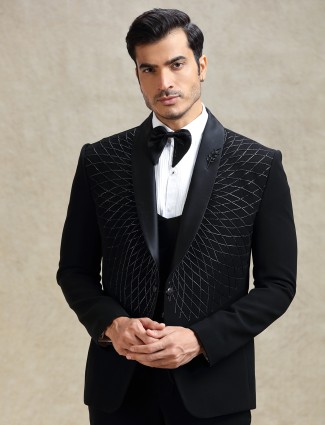 Black reception wear tuxedo suit in cutdana work for men