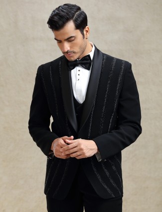 Black terry rayon tuxedo suit in crystal work for men