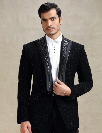 Black textured terry rayon coat suit for cocktail party