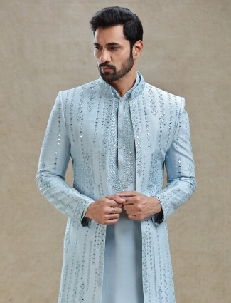 Blue open layered jacket style indo western set for mens