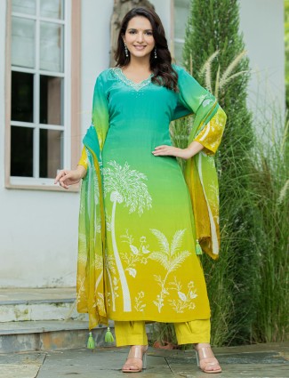 Blue printed kurti set in cotton silk