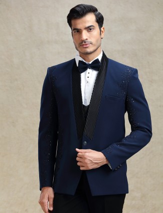 Blue terry rayon partywear tuxedo suit for mens