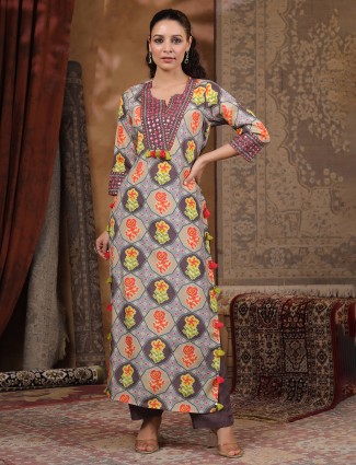 Brown printed cotton silk kurti set with dupatta