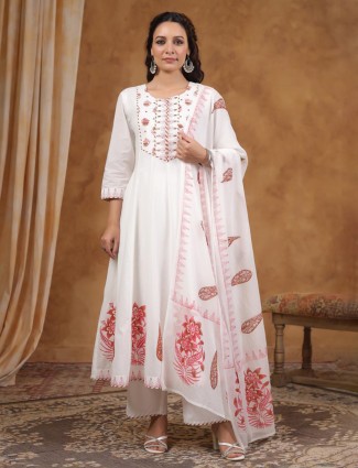 Cream soft cotton printed kurti set for festive