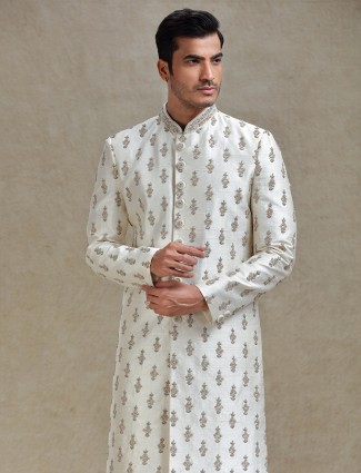 Cream silk wedding style long jacket sherwani set for Mens