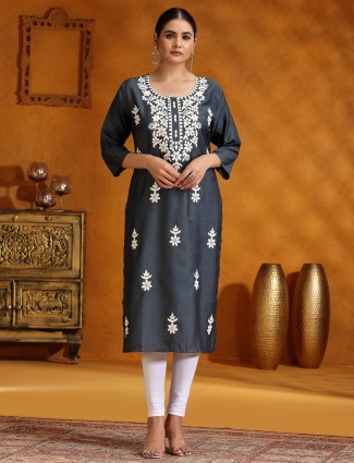 Dark grey casual cotton silk kurti for Festival