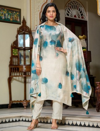 Grey cotton cotton silk printed kurti set