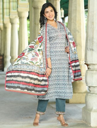 Grey printed cotton silk kurti set with dupatta