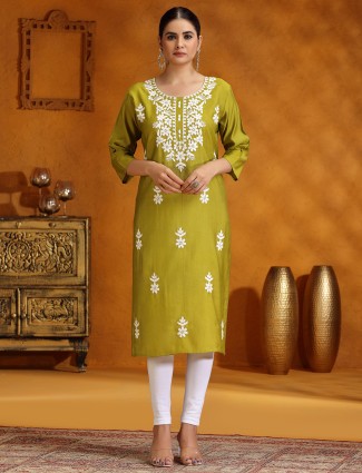 Mehendi green embroidery kurti in cotton silk for Women