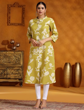 Mehendi yellow printed cotton kurti for women