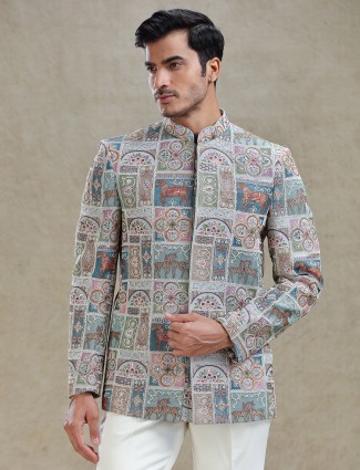 Multi coloured embroideried silk jodhpuri set for mens