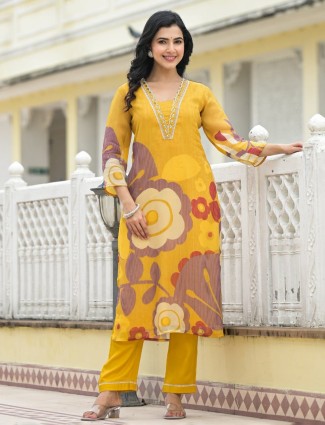 Mustard yellow cotton silk kurti set for women