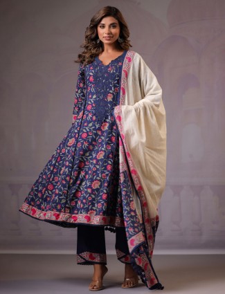 Navy printed cotton cotton silk kurti set for women
