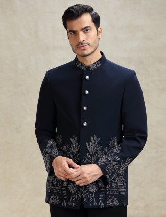 Navy terry rayon crystal work jodhpuri suit