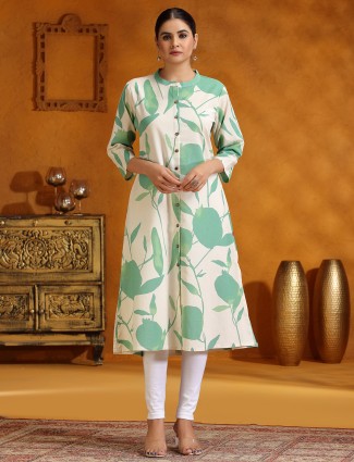 Pista green cotton printed kurti for casual wear