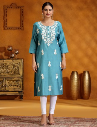 Rama blue embroidery casual cotton silk kurti