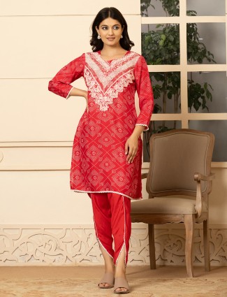 Red printed cotton silk kurti set for women