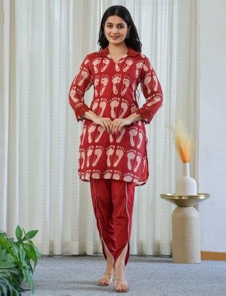 Rust red cotton kurti set for women