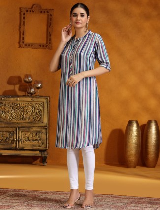 Trendy blue printed casual silk kurti
