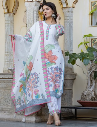 White printed cotton silk kurti set for women