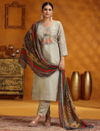 Grey silk salwar suit with printed dupatta for women
