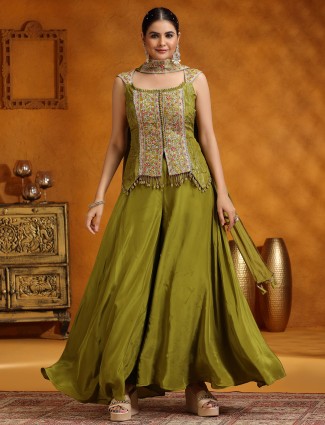 Mehendi green satin silk palazzo suit with dupatta
