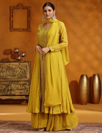 Mehendi yellow georgette palazzo suit with dupatta