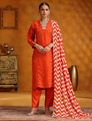 Orange salwar suit in silk with printed dupatta