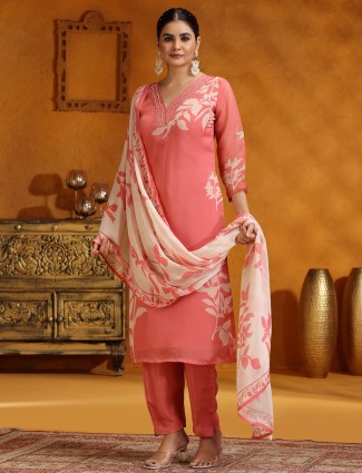 Peach printed georgette salwar suit