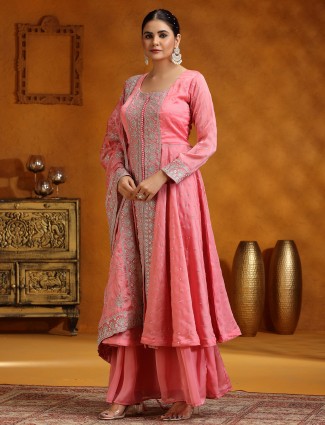 Pink georgette sharara suit with dupatta for women