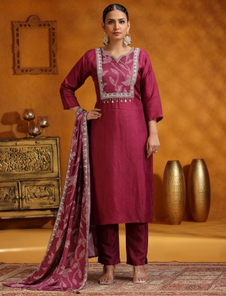 Purple silk printed salwar suit with dupatta