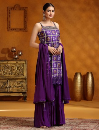 Purple printed silk palazzo suit with dupatta