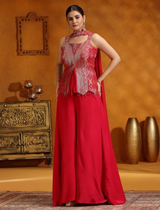 Rani color satin silk palazzo suit with dupatta