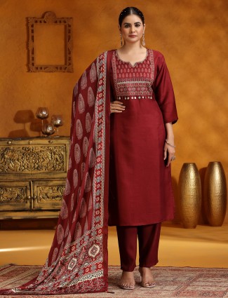 Wine printed silk salwar suit with dupatta