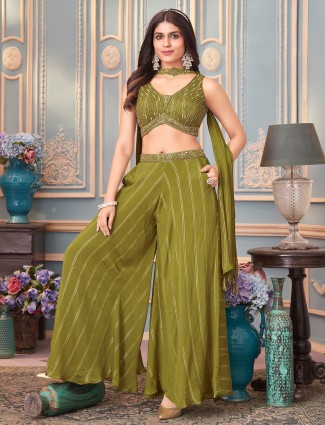 Dark olive silk palazzo suit ensemble