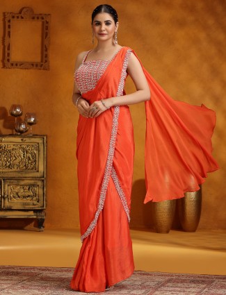 Orange chinon silk saree for women