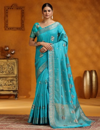 Aqua silk saree for festive events