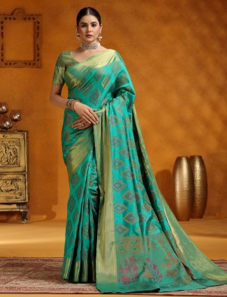 Aqua silk saree embellished with zari
