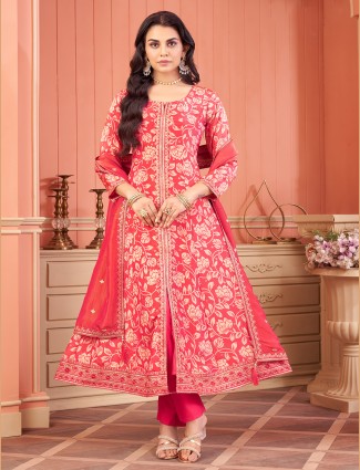 Dark peach printed silk salwar suit for women
