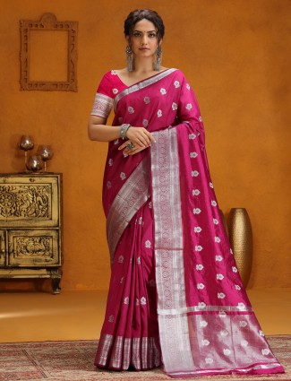 Ruby pink silk saree with gorgeous zari detailing